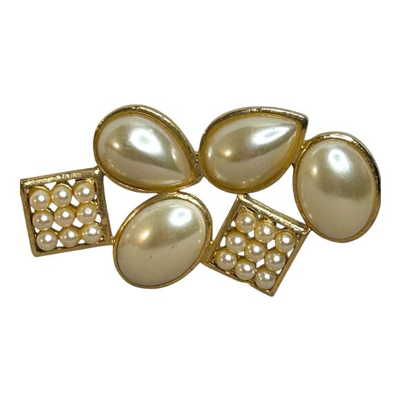 Vintage 1980s Faux Pearl Gold Tone Geometric Cluster Brooch - Picture 3 of 5